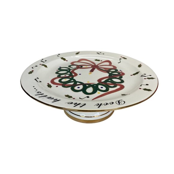 Cracker Barrel Deck The Halls Ceramic Cake Stand Hand Painted - Picture 2 of 7